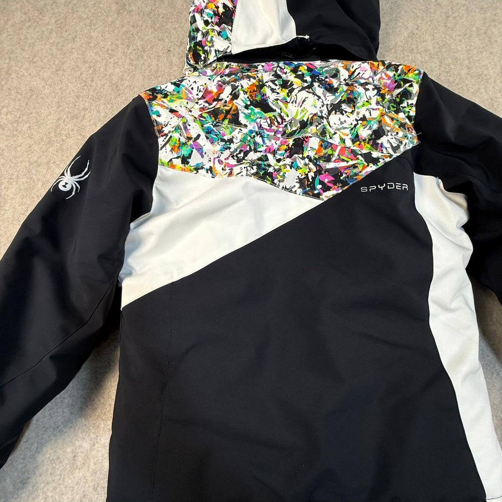 Spyder Kids Ski Jacket Black White Pink Splatter Print Hooded Winter Coat Size 8 - Picture 8 of 8